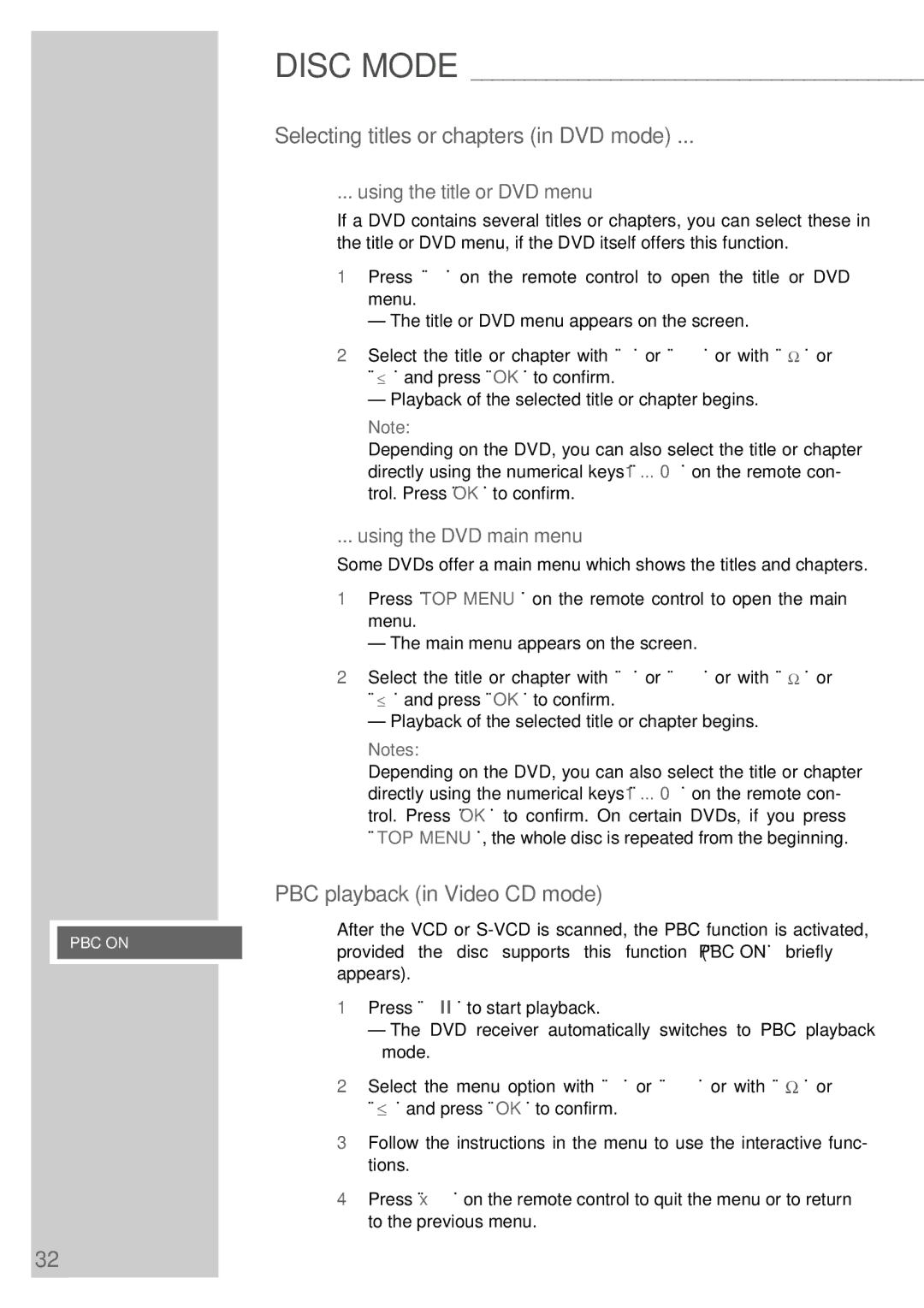 Grundig DR 3400 DD Selecting titles or chapters in DVD mode, PBC playback in Video CD mode, Using the title or DVD menu 