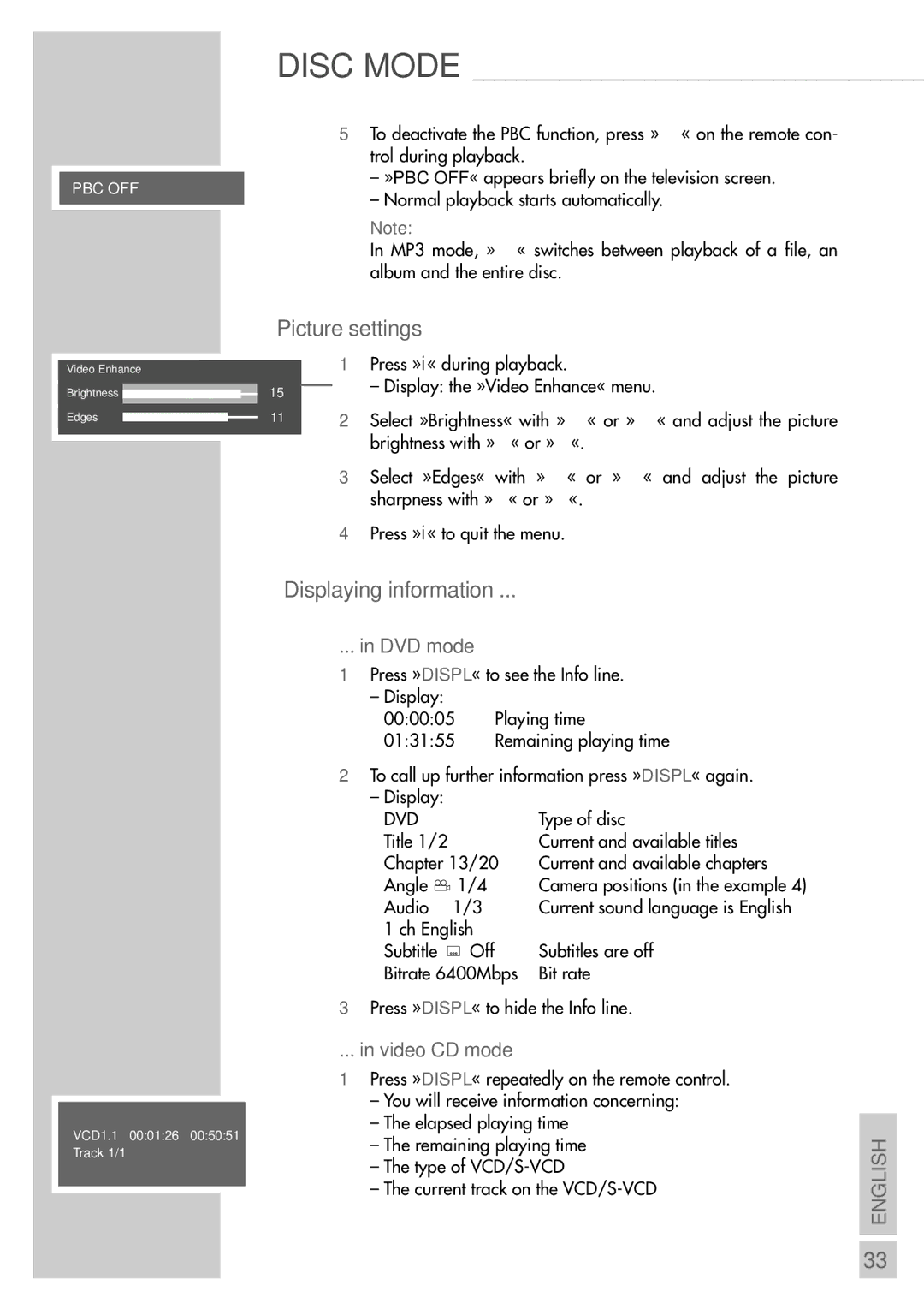 Grundig DR 3400 DD manual Picture settings, Displaying information, DVD mode, Video CD mode 