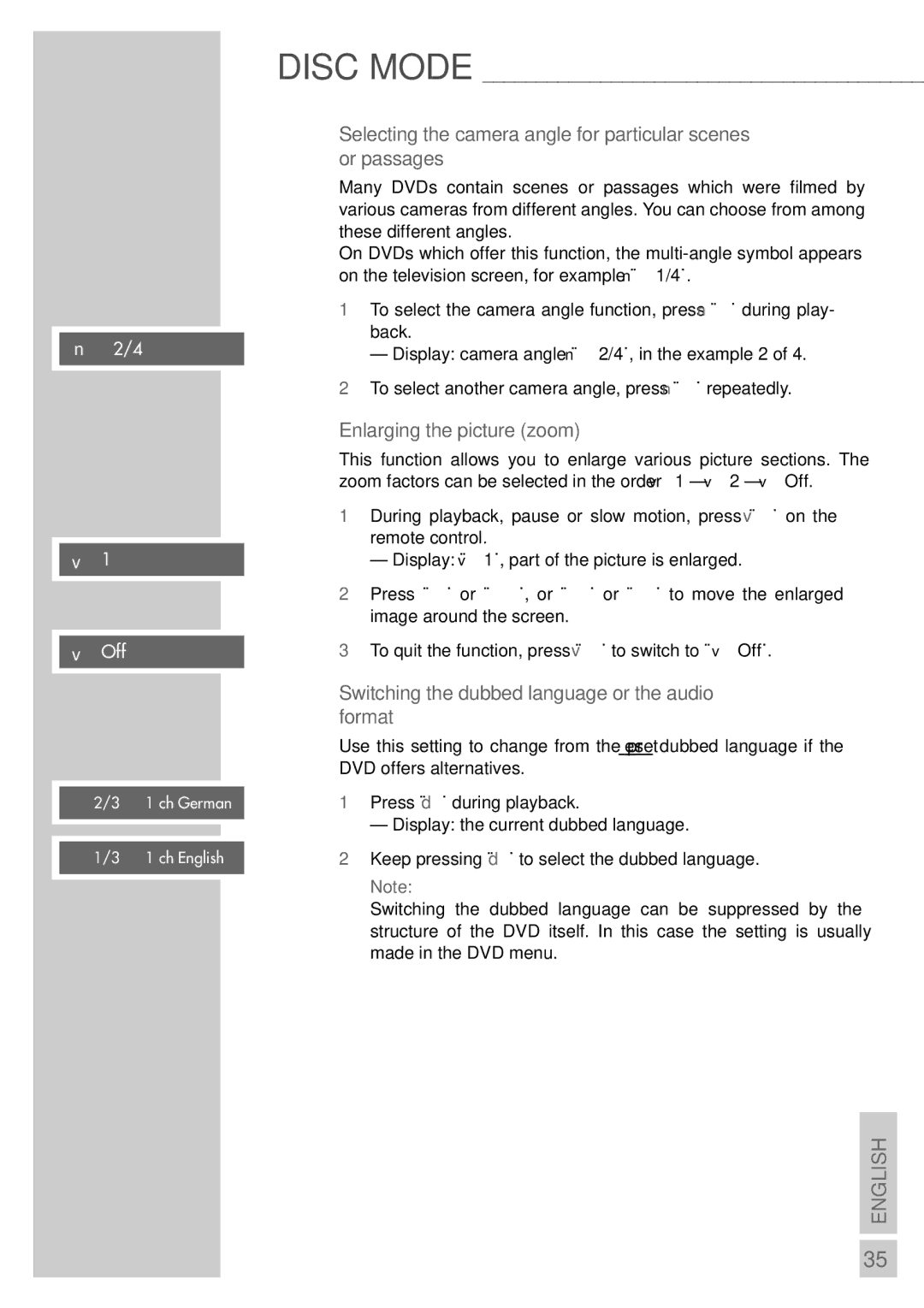 Grundig DR 3400 DD manual Enlarging the picture zoom, Switching the dubbed language or the audio format 