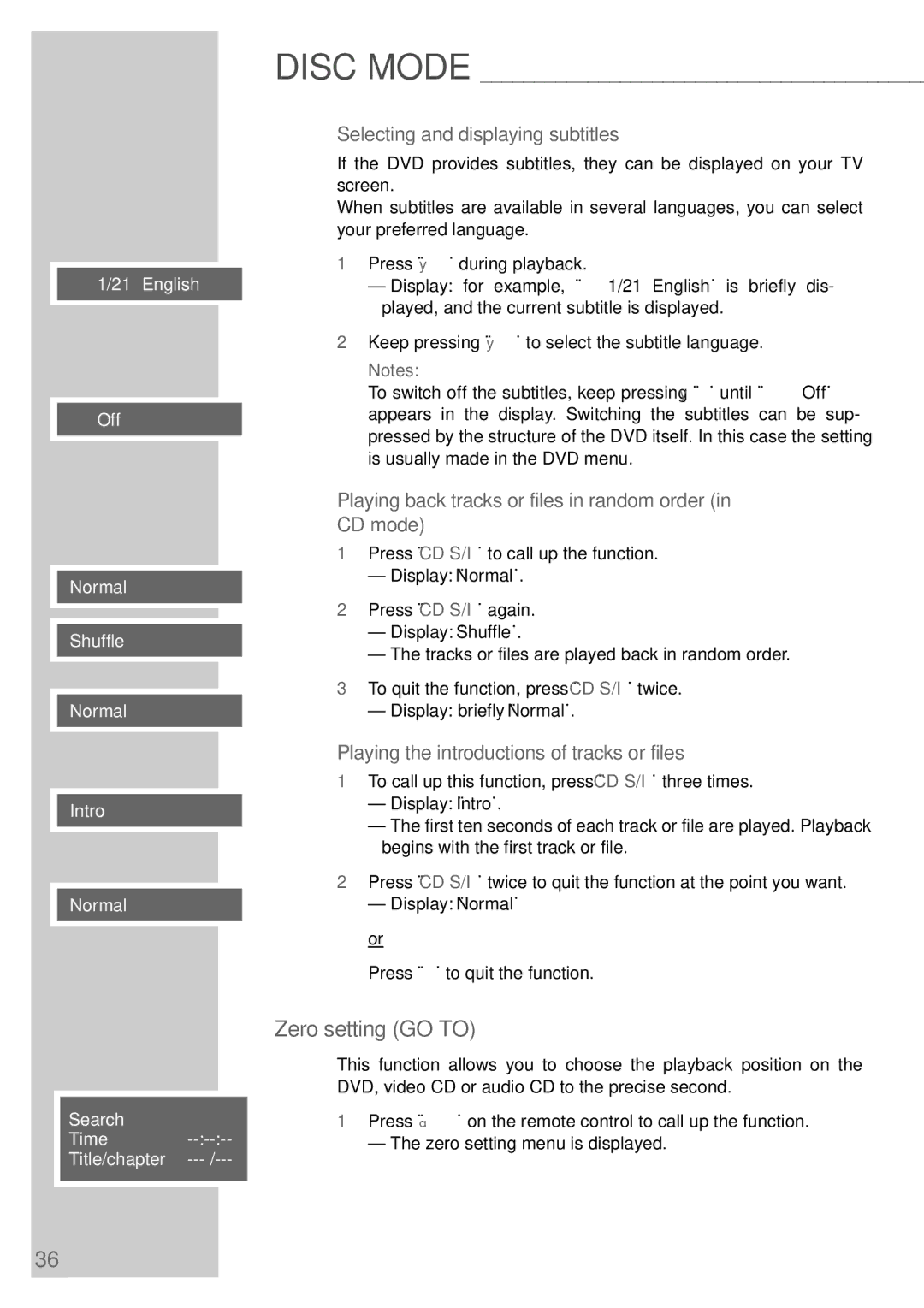 Grundig DR 3400 DD Zero setting GO to, Selecting and displaying subtitles, Playing the introductions of tracks or files 