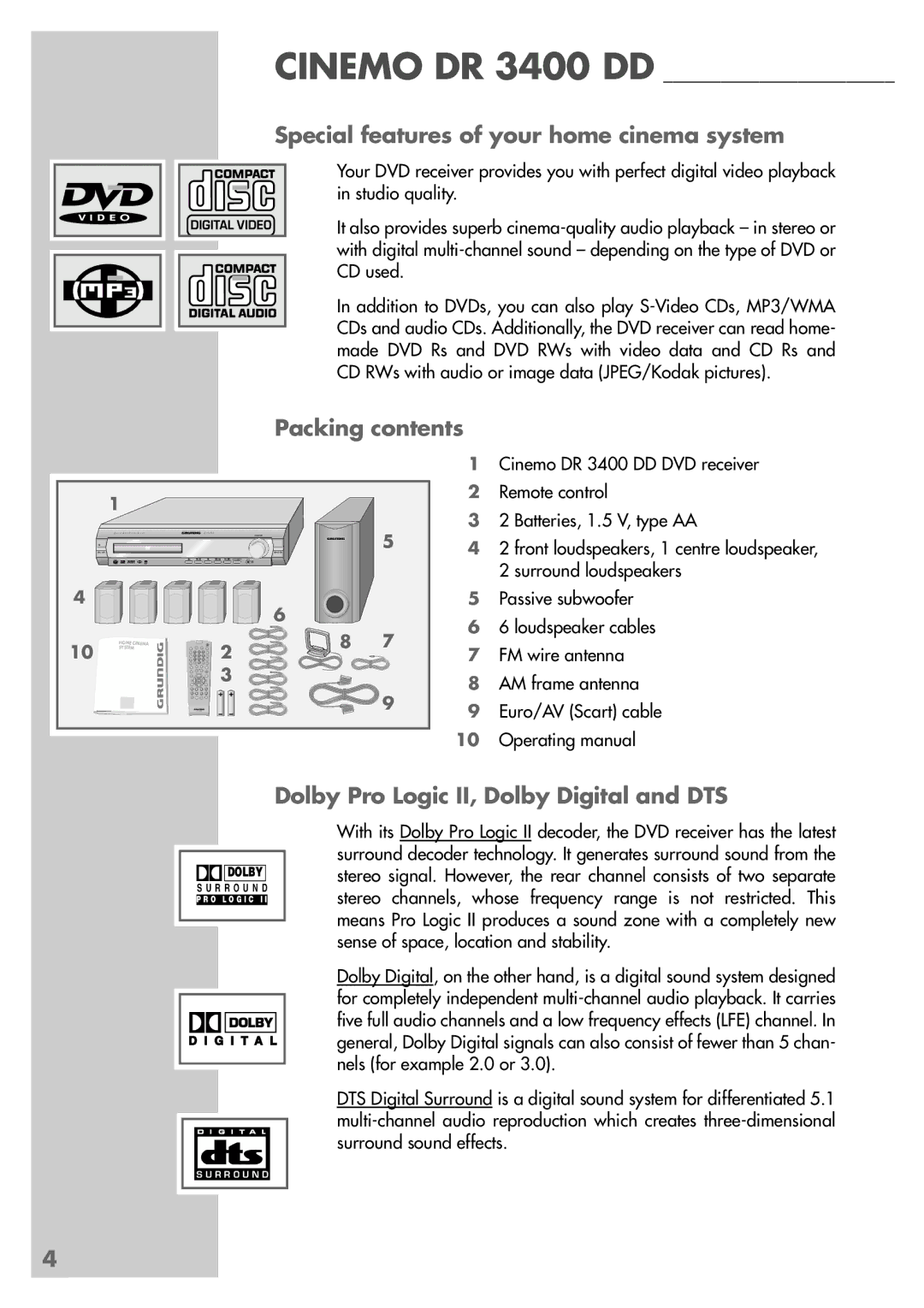 Grundig DR 3400 DD manual Special features of your home cinema system, Packing contents 