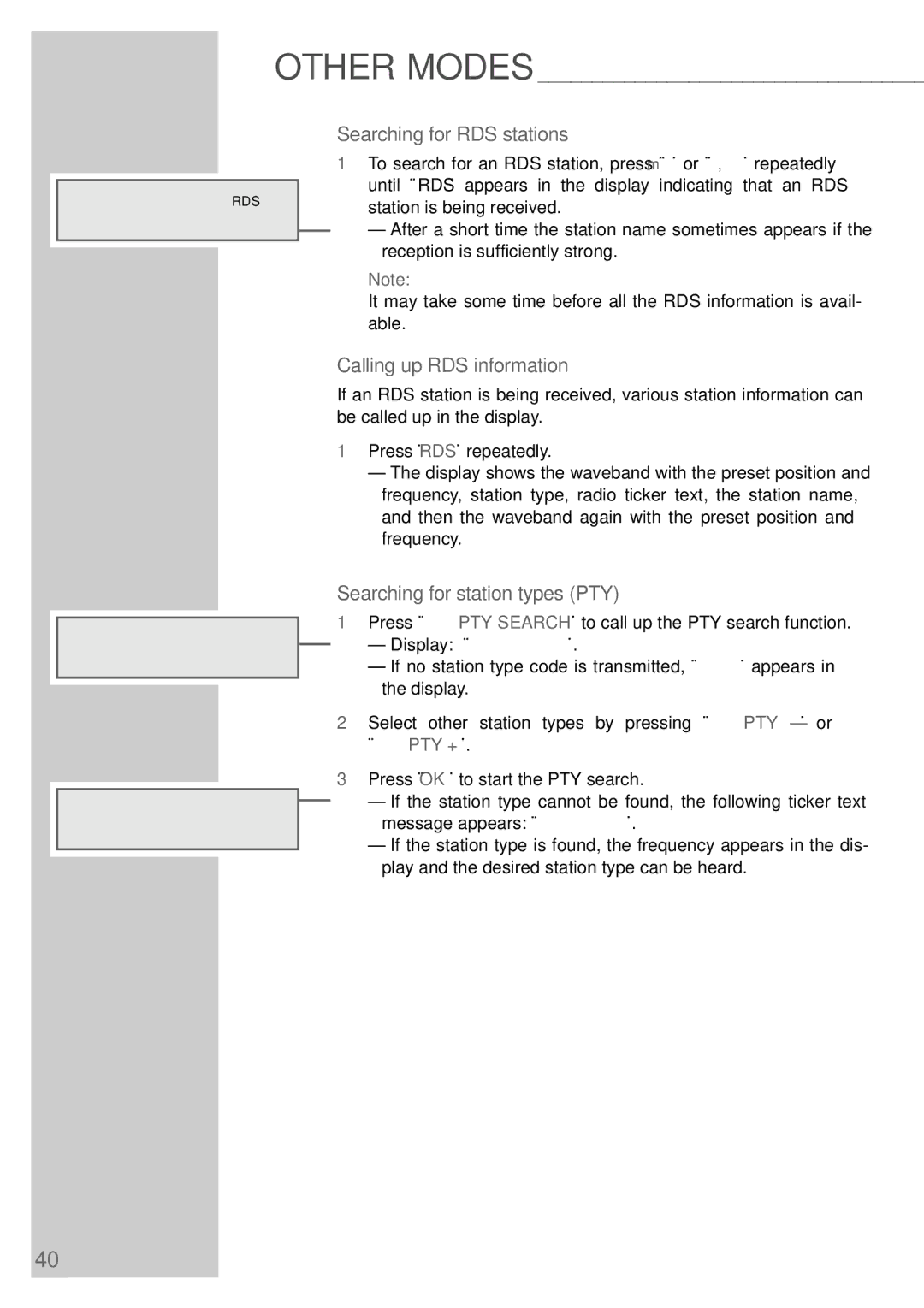 Grundig DR 3400 DD Searching for RDS stations, Calling up RDS information, Searching for station types PTY, PTY -« or 