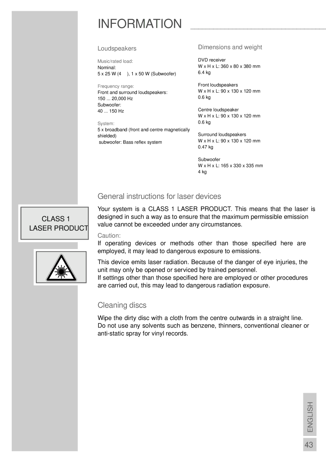 Grundig DR 3400 DD manual General instructions for laser devices, Cleaning discs, Loudspeakers Dimensions and weight 