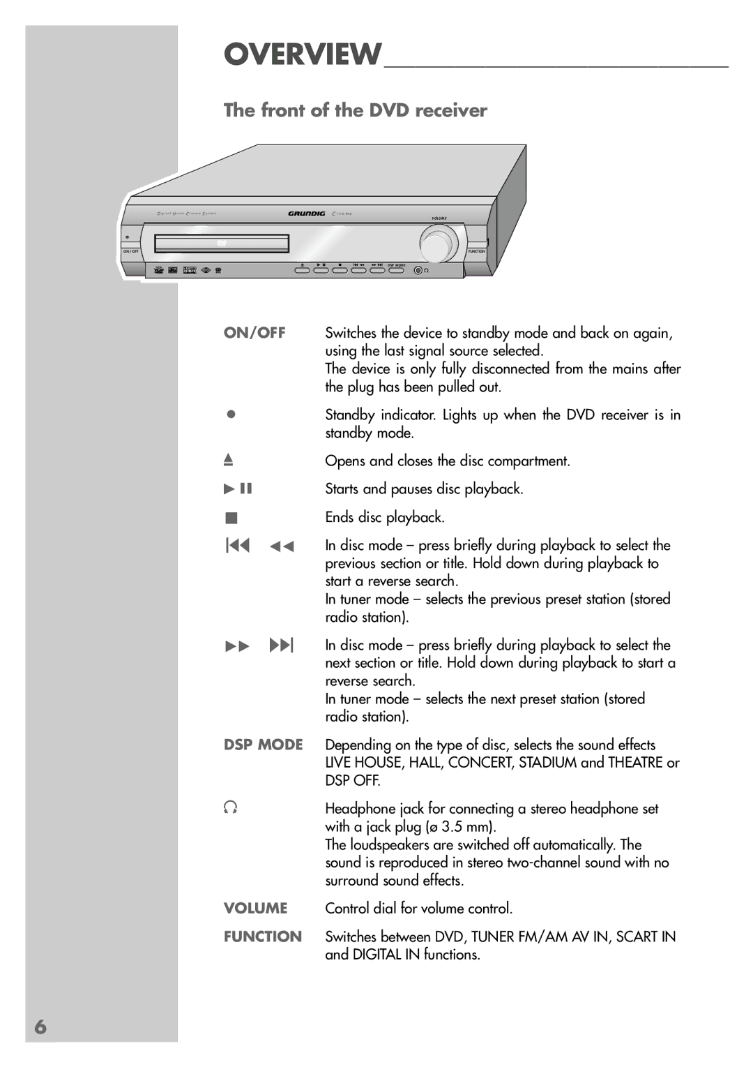 Grundig DR 3400 DD manual Front of the DVD receiver, Dsp Off 