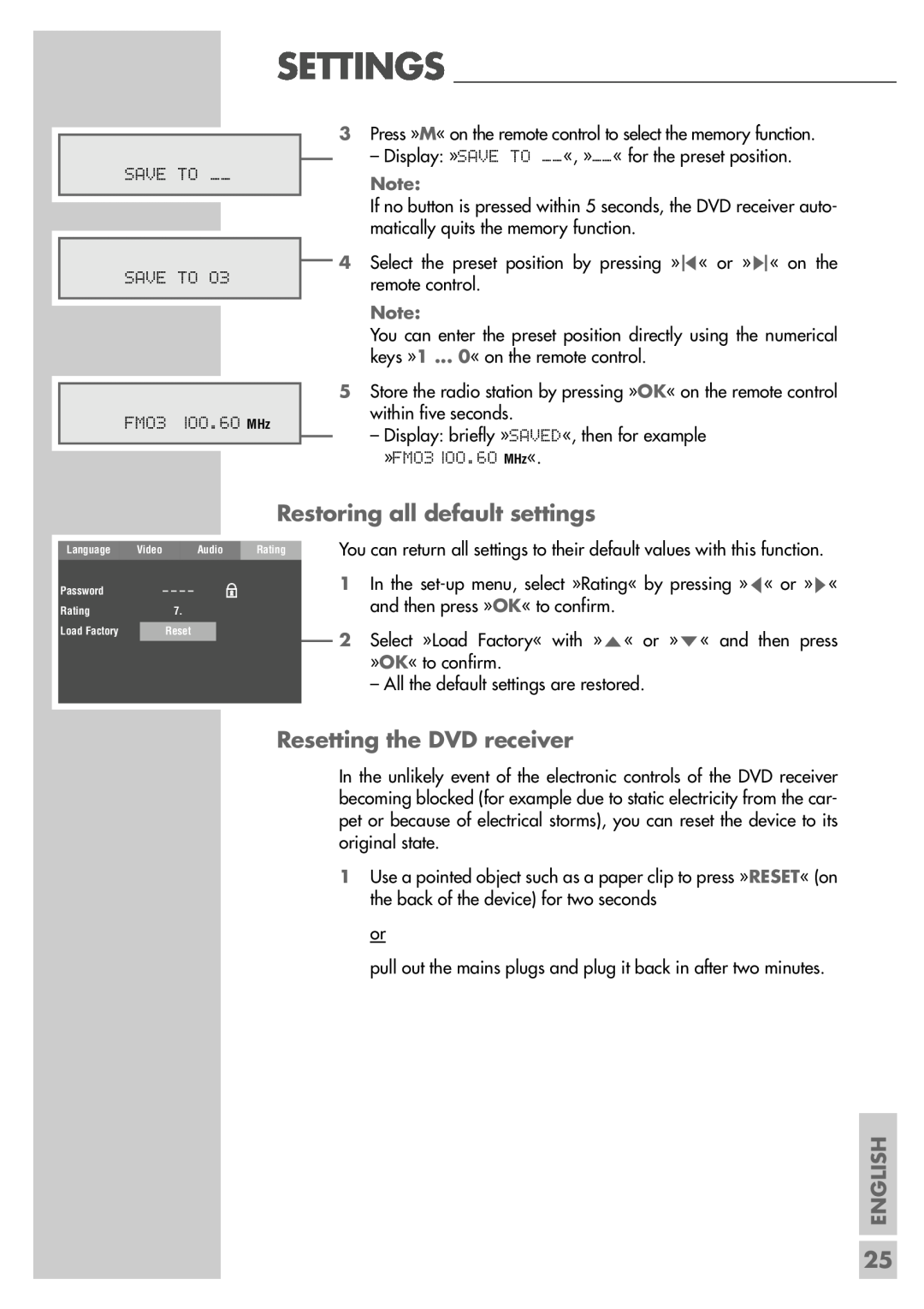 Grundig DR 3400 DD manual Restoring all default settings, Resetting the DVD receiver, English 