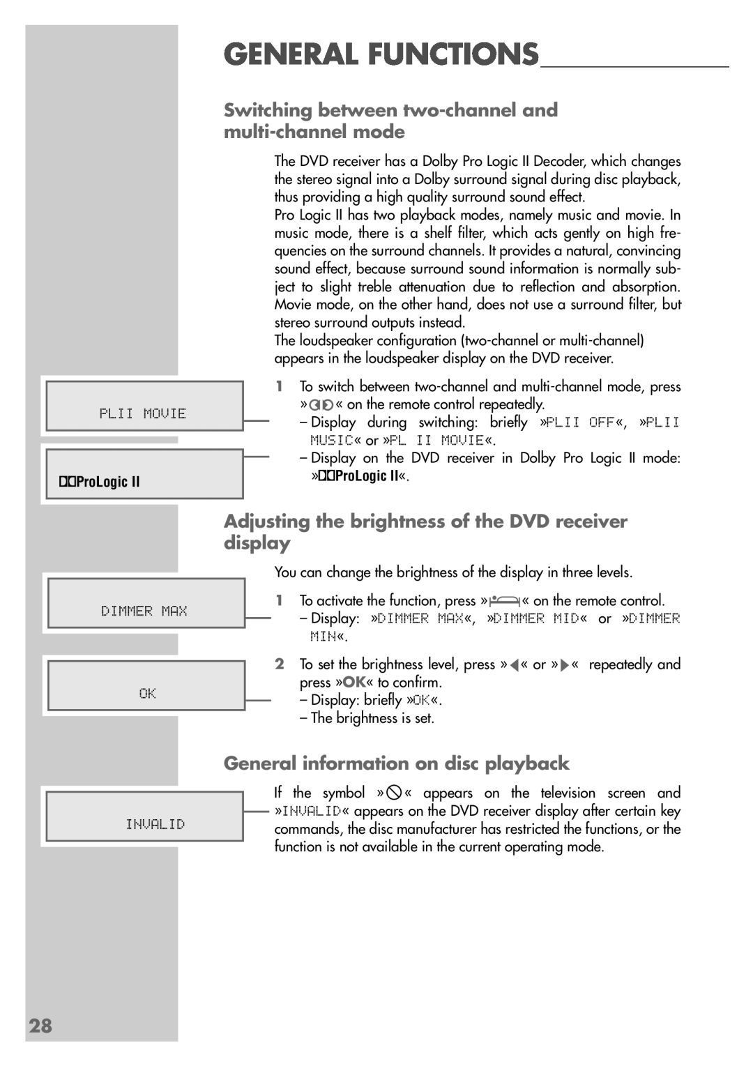 Grundig DR 3400 DD manual General information on disc playback, General Functions, ProLogic 