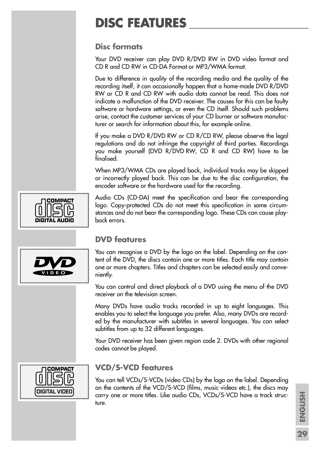 Grundig DR 3400 DD manual Disc formats, DVD features, VCD/S-VCDfeatures, English 