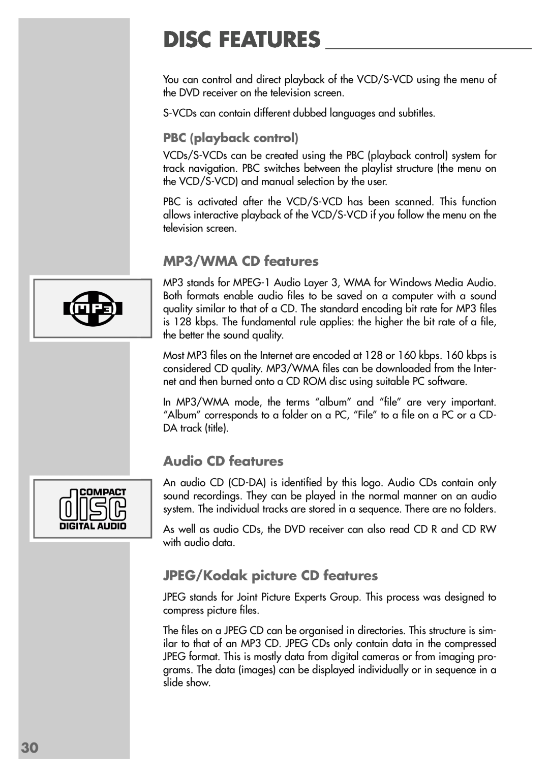 Grundig DR 3400 DD manual MP3/WMA CD features, Audio CD features, JPEG/Kodak picture CD features, PBC playback control 