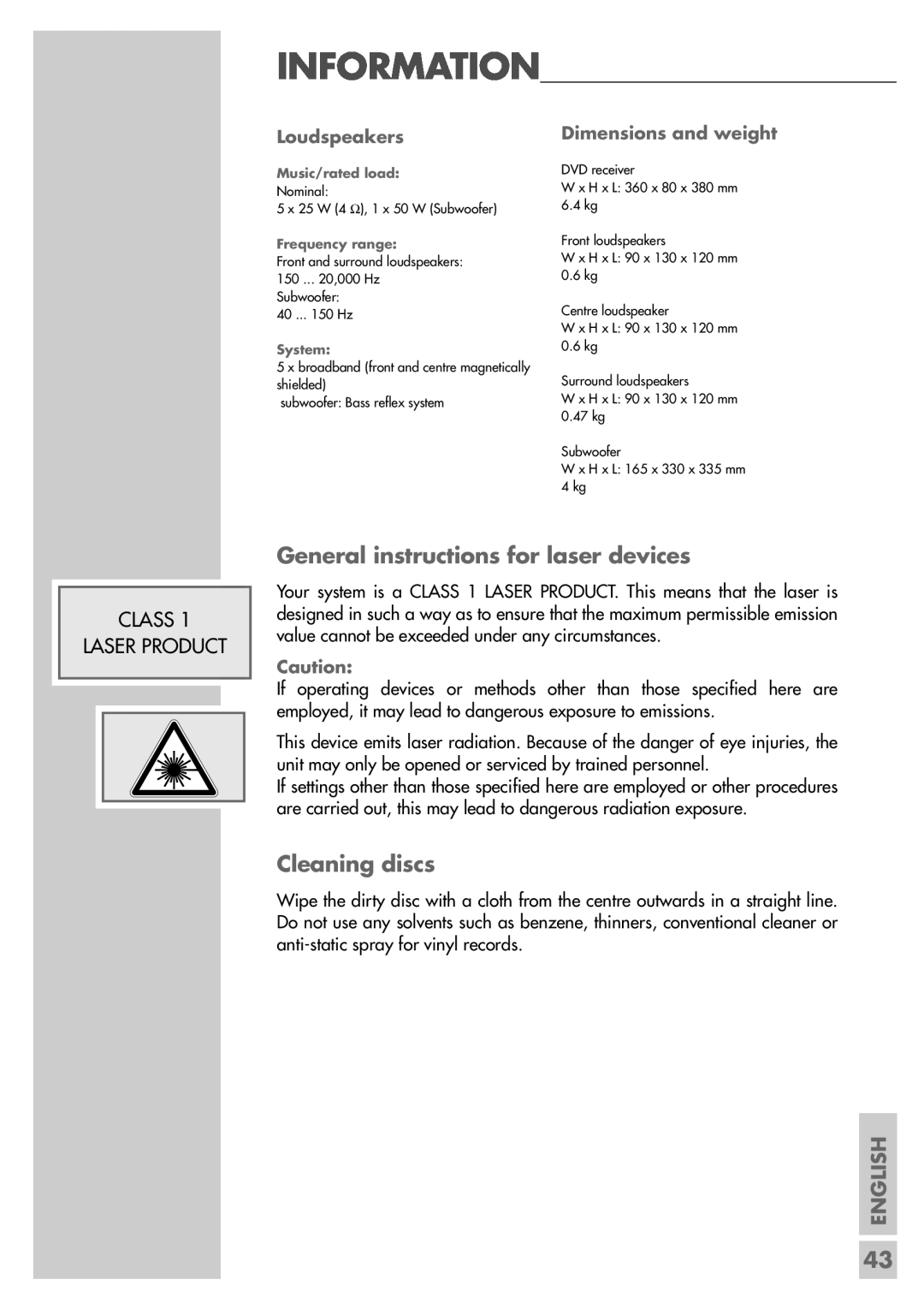 Grundig DR 3400 DD manual General instructions for laser devices, Cleaning discs, Information, Class Laser Product, English 