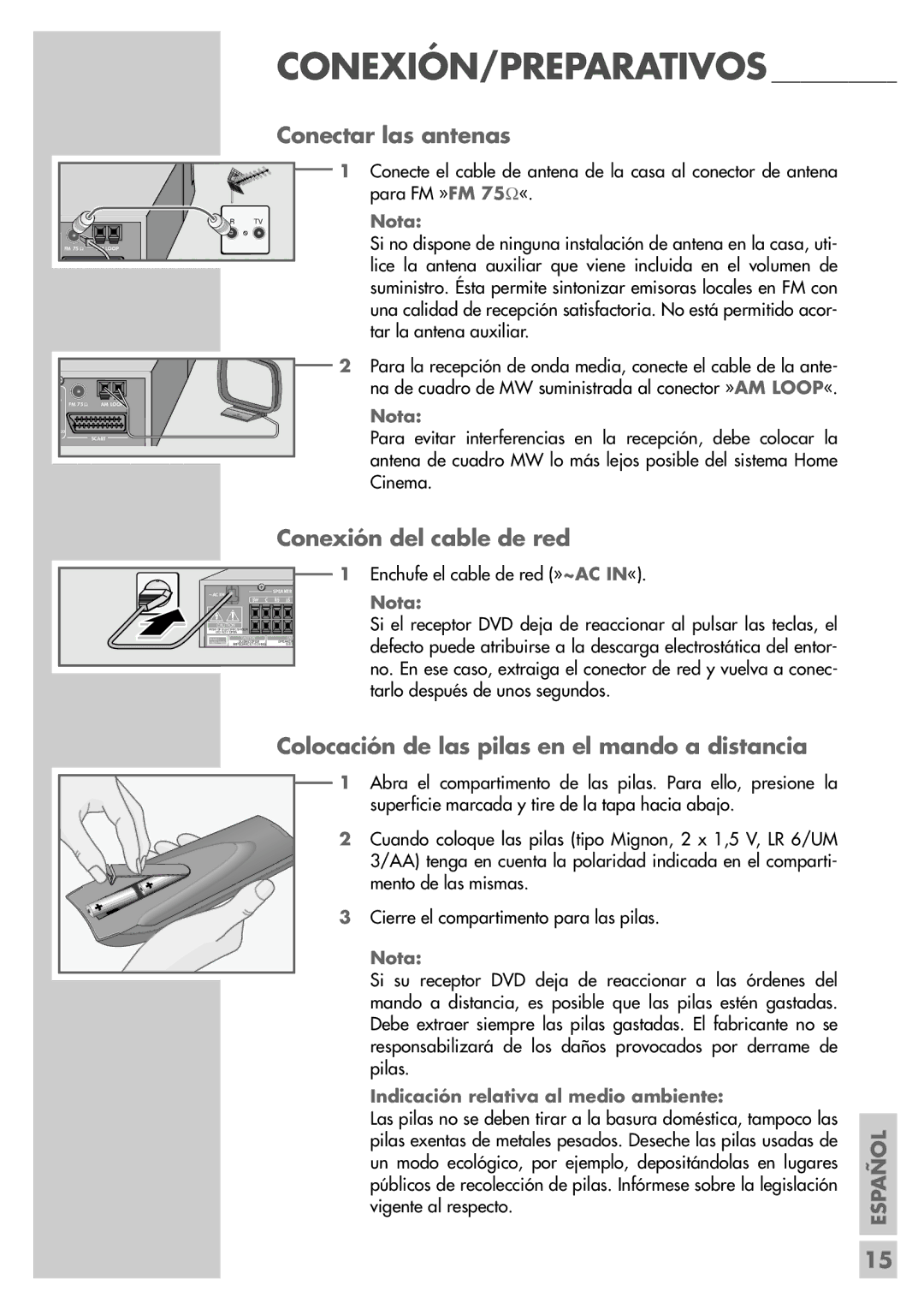 Grundig DR 5400 DD manual Conectar las antenas, Conexión del cable de red, Colocación de las pilas en el mando a distancia 