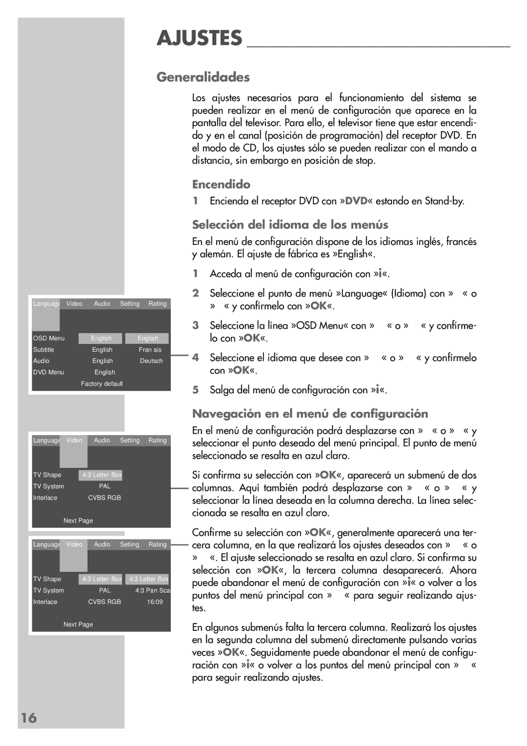 Grundig DR 5400 DD Generalidades, Encendido, Selección del idioma de los menús, Navegación en el menú de configuración 