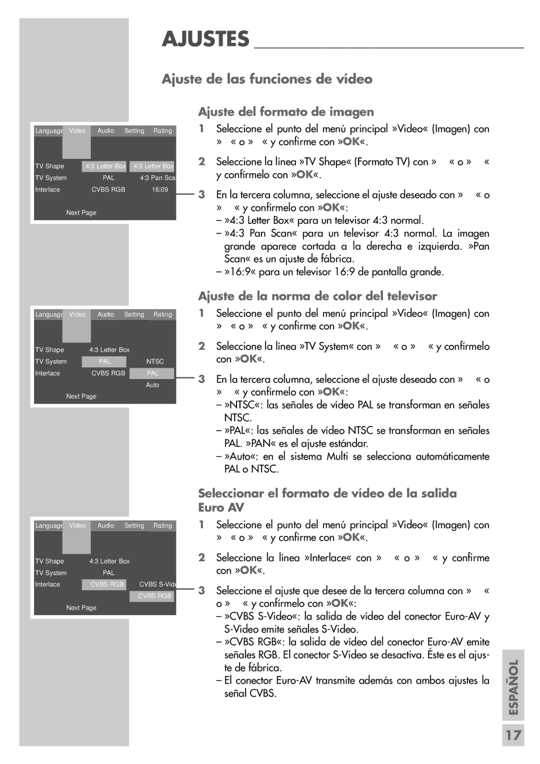 Grundig DR 5400 DD manual Ajuste de las funciones de vídeo, Ajuste del formato de imagen 