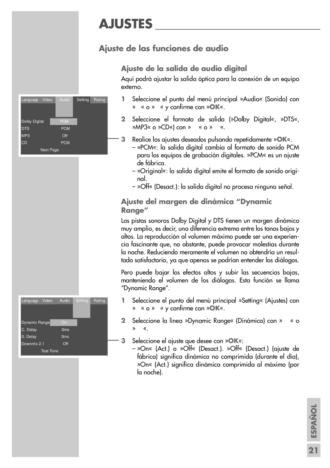 Grundig DR 5400 DD manual Ajuste de las funciones de audio, Ajuste de la salida de audio digital 