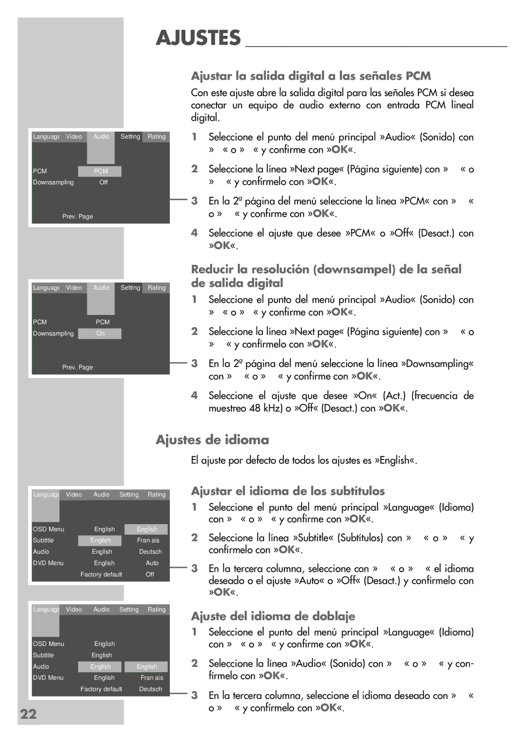 Grundig DR 5400 DD Ajustes de idioma, Ajustar la salida digital a las señales PCM, Ajustar el idioma de los subtítulos 