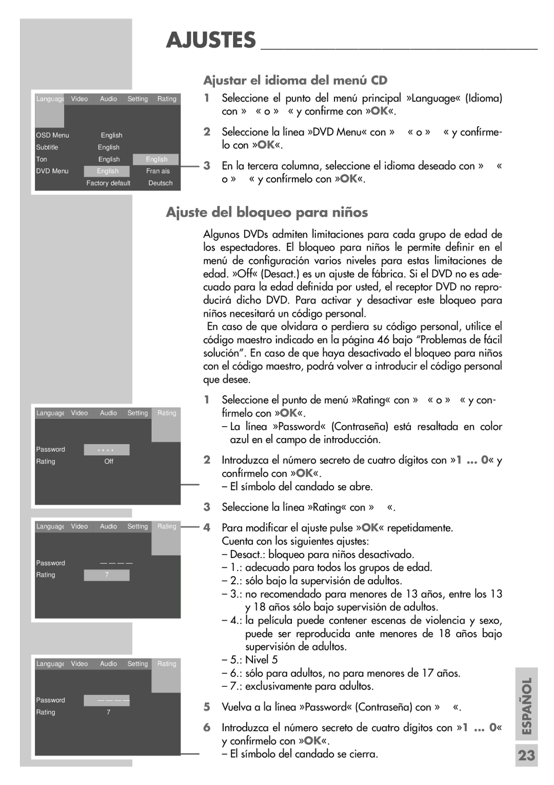 Grundig DR 5400 DD manual Ajuste del bloqueo para niños, Ajustar el idioma del menú CD 