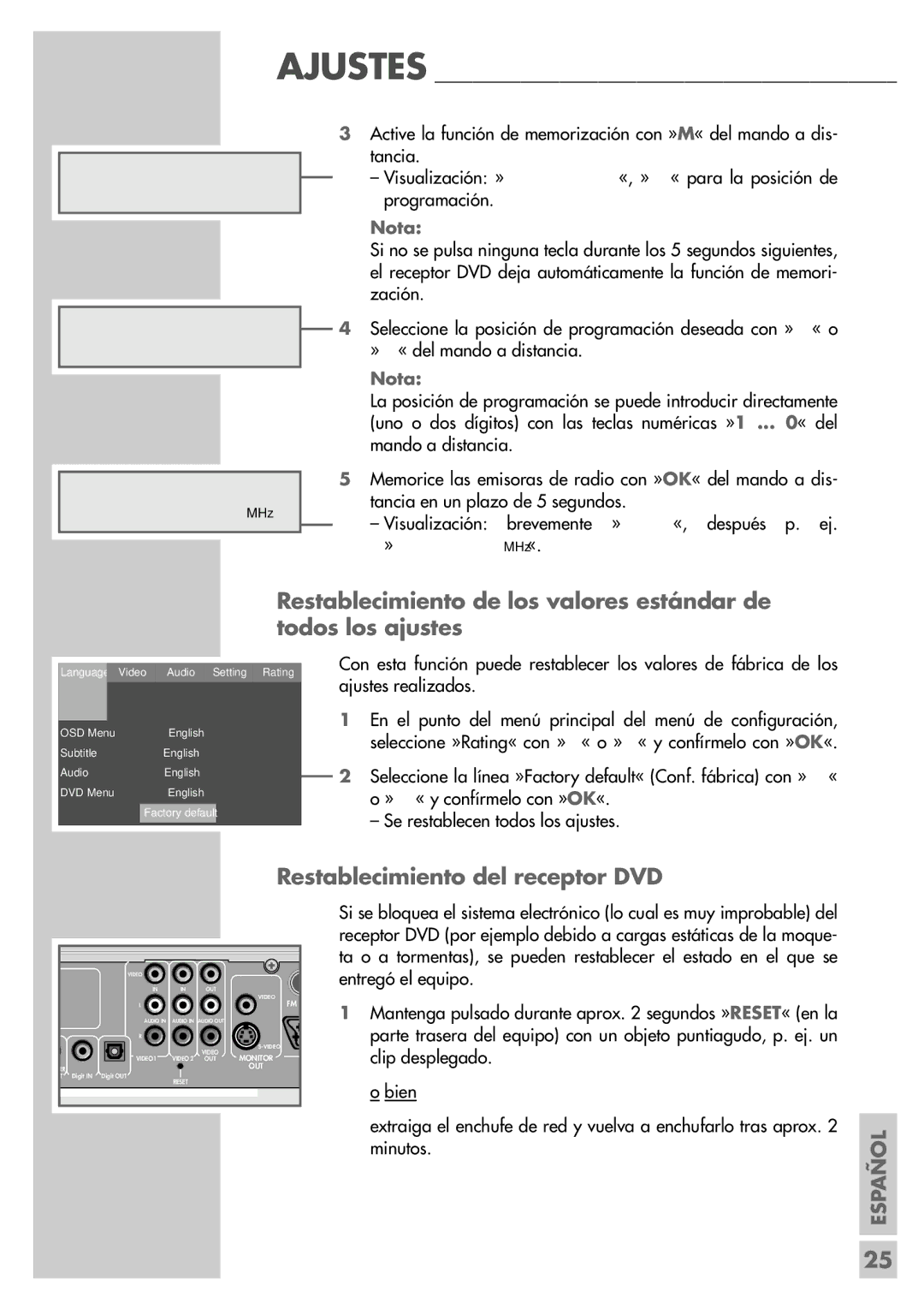 Grundig DR 5400 DD manual Restablecimiento del receptor DVD, Minutos 