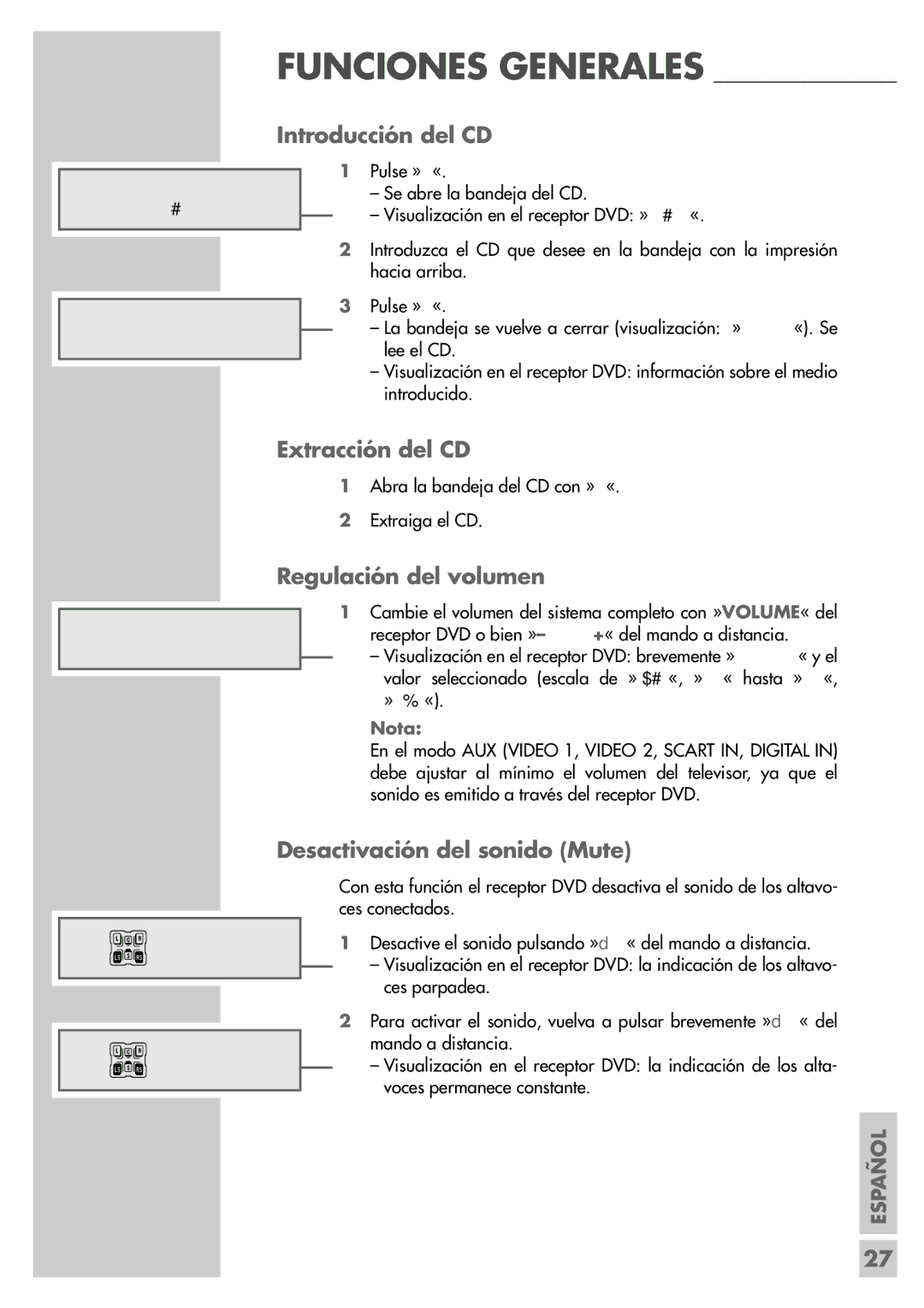 Grundig DR 5400 DD manual Introducción del CD, Extracción del CD, Regulación del volumen, Desactivación del sonido Mute 