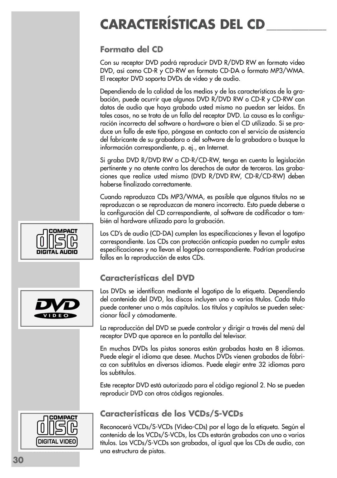 Grundig DR 5400 DD manual Formato del CD, Características del DVD, Características de los VCDs/S-VCDs 