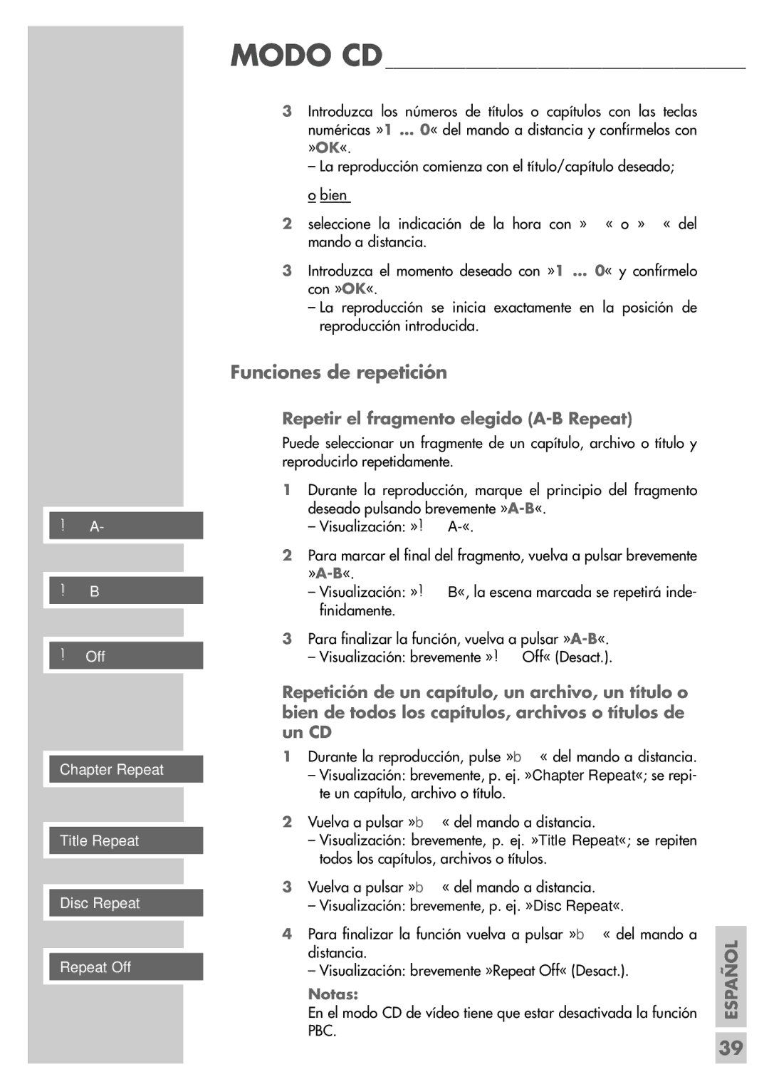 Grundig DR 5400 DD manual Funciones de repetición, Repetir el fragmento elegido A-B Repeat 