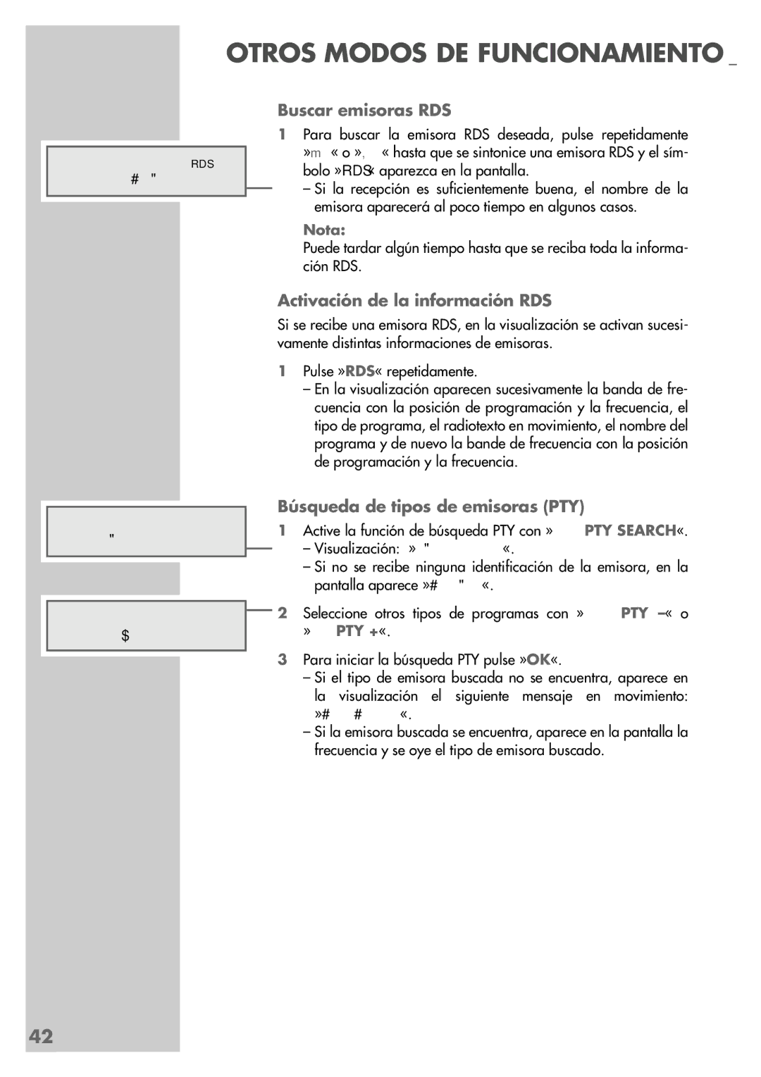 Grundig DR 5400 DD manual Buscar emisoras RDS, Activación de la información RDS, Búsqueda de tipos de emisoras PTY 