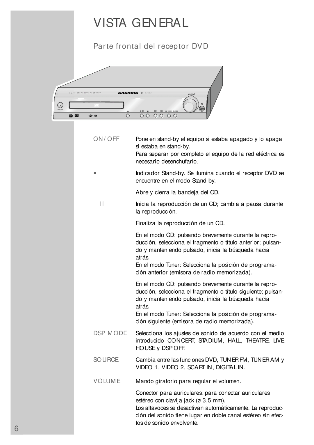 Grundig DR 5400 DD manual Parte frontal del receptor DVD, DSP Mode 