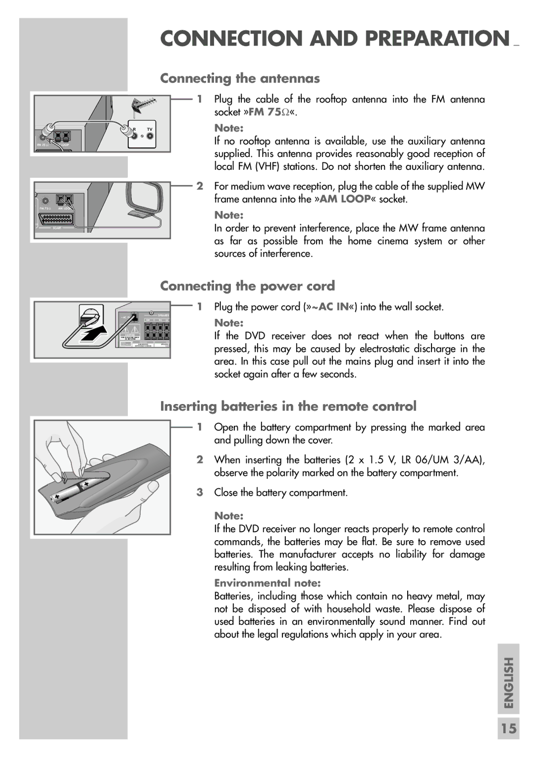 Grundig DR 5400 DD manual Connecting the antennas, Connecting the power cord, Inserting batteries in the remote control 