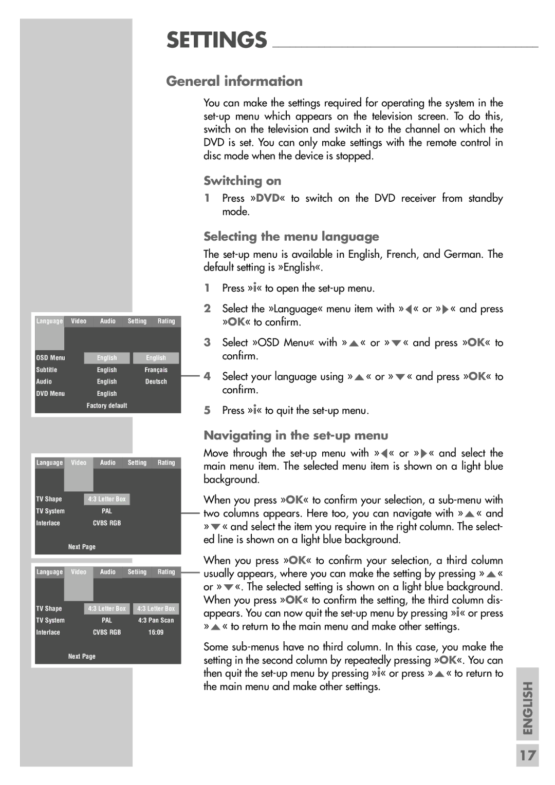 Grundig DR 5400 DD General information, Switching on, Selecting the menu language, Navigating in the set-up menu, Settings 