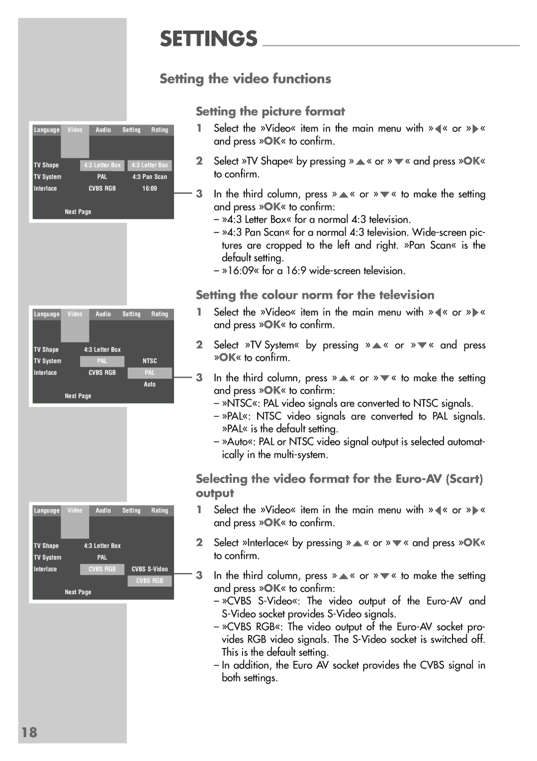 Grundig DR 5400 DD Setting the video functions, Setting the picture format, Setting the colour norm for the television 