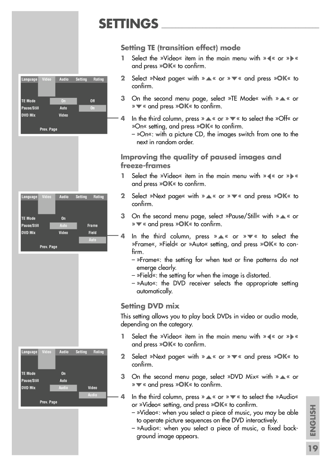 Grundig DR 5400 DD Settings Setting TE transition effect mode, Improving the quality of paused images and freeze-frames 