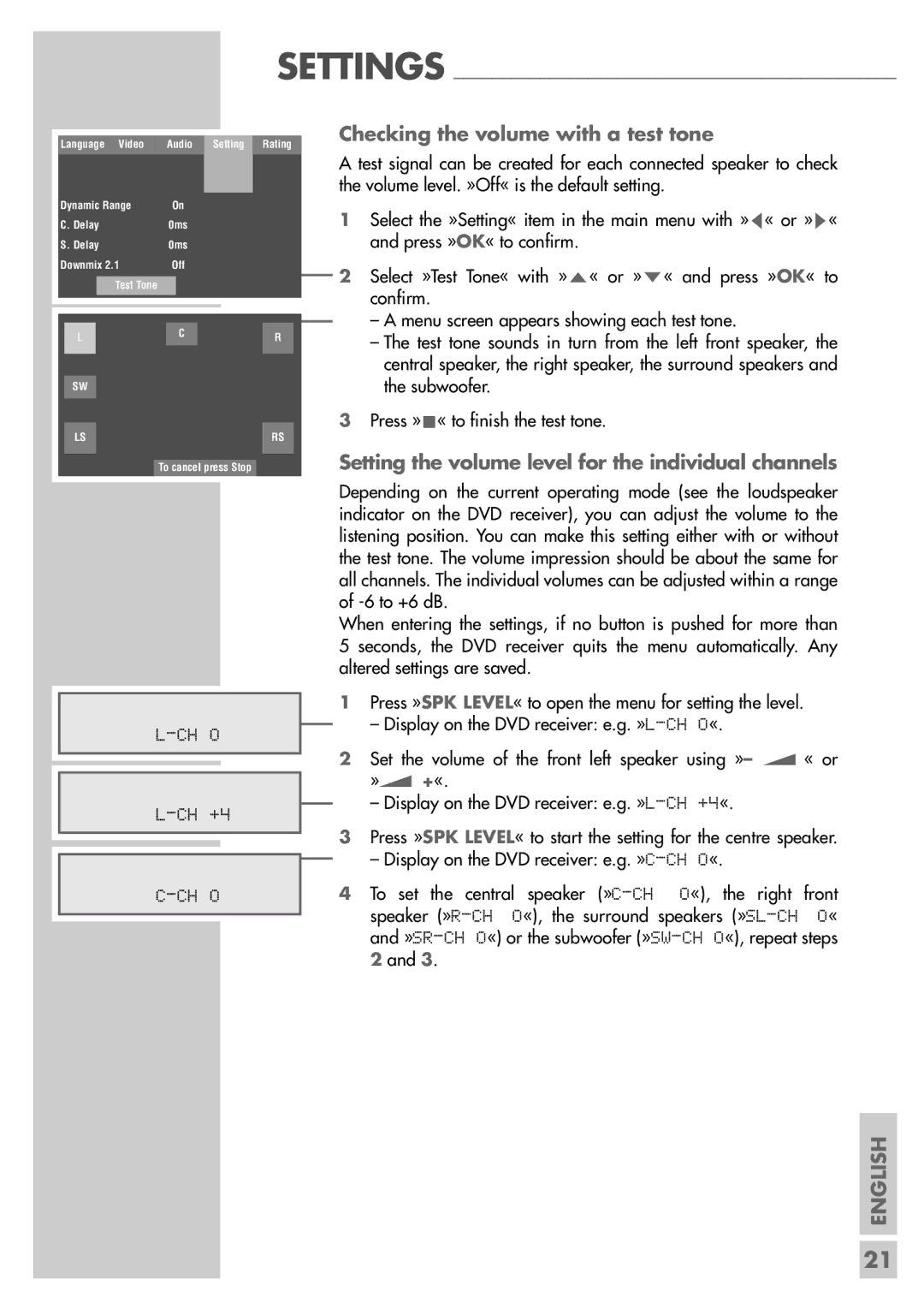 Grundig DR 5400 DD manual Checking the volume with a test tone, Setting the volume level for the individual channels 