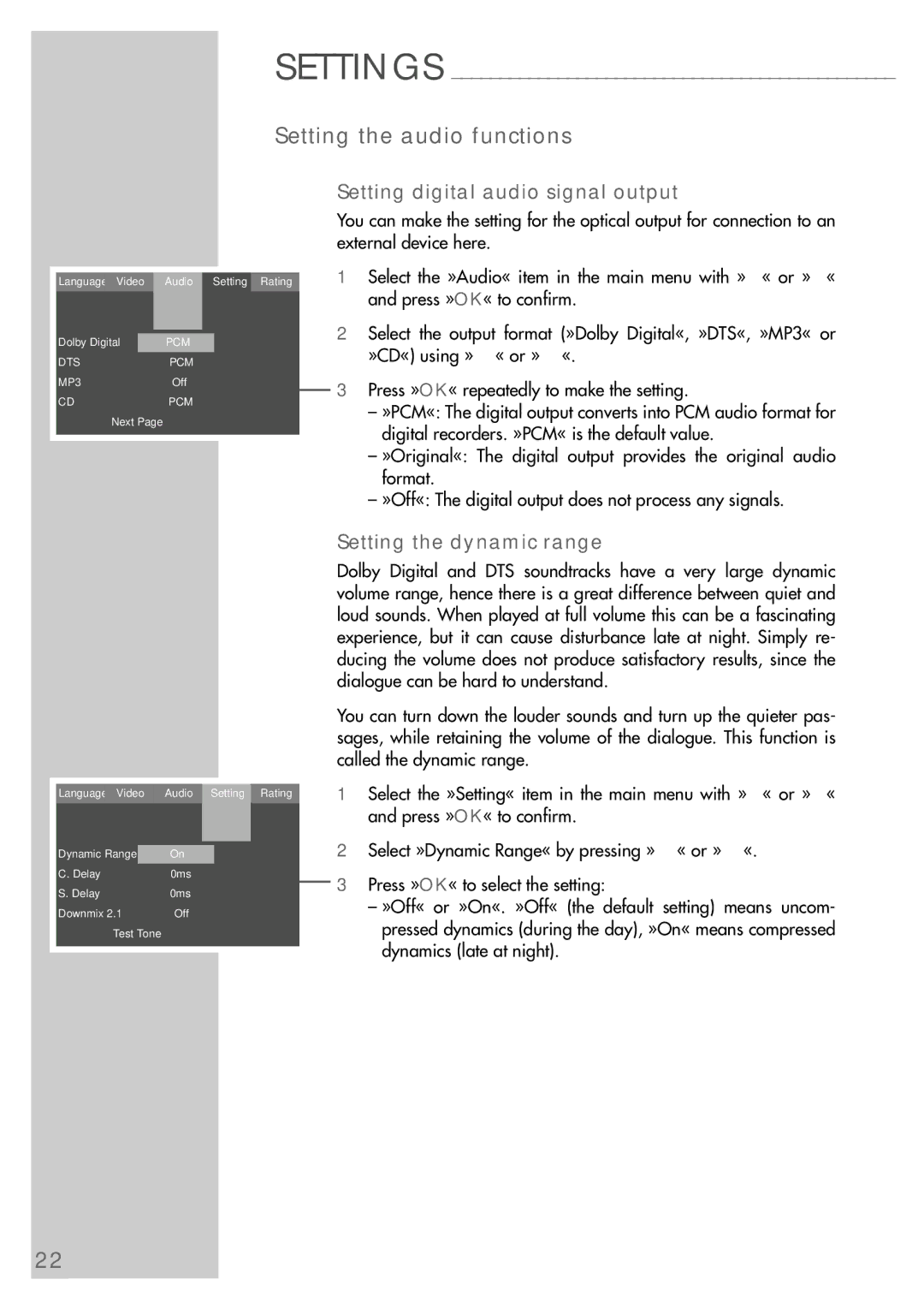 Grundig DR 5400 DD manual Setting the audio functions, Setting digital audio signal output, Setting the dynamic range 