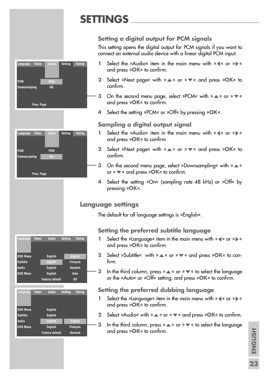 Grundig DR 5400 DD manual Language settings, Setting a digital output for PCM signals, Sampling a digital output signal 