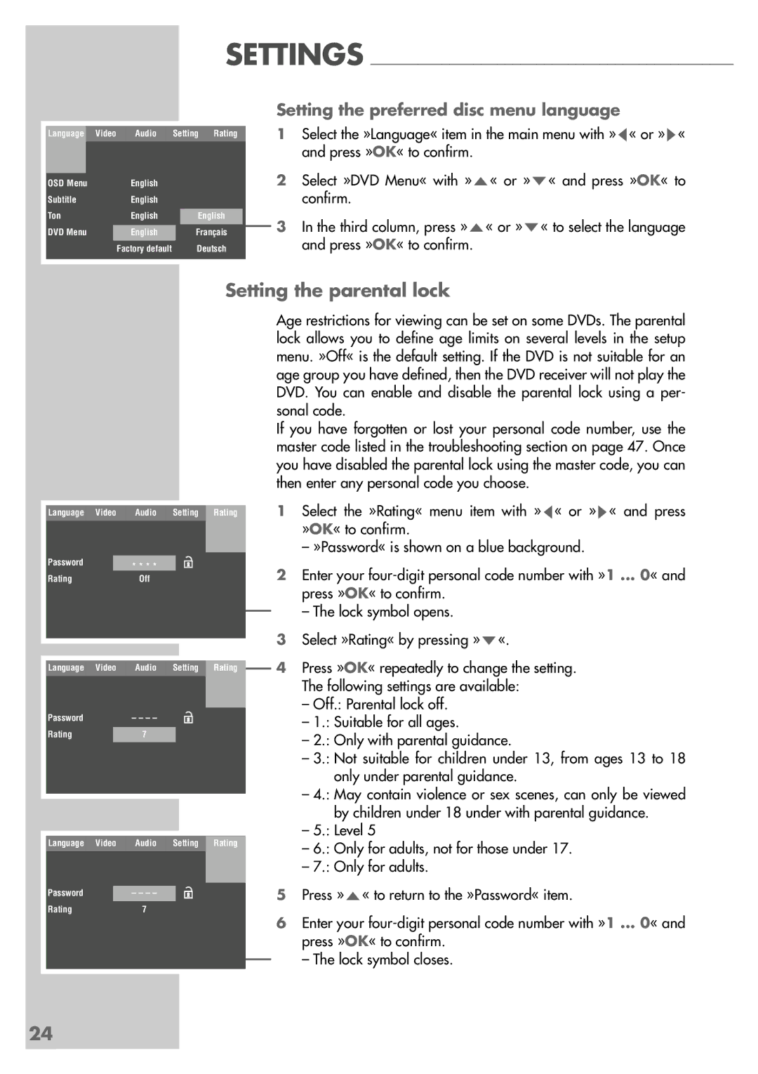 Grundig DR 5400 DD manual Setting the parental lock, Setting the preferred disc menu language 