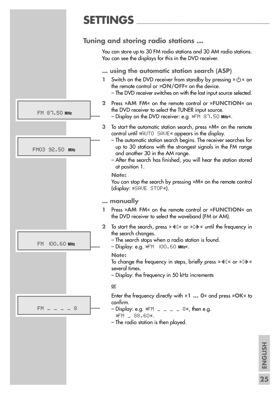 Grundig DR 5400 DD manual Tuning and storing radio stations, Using the automatic station search ASP, Manually 