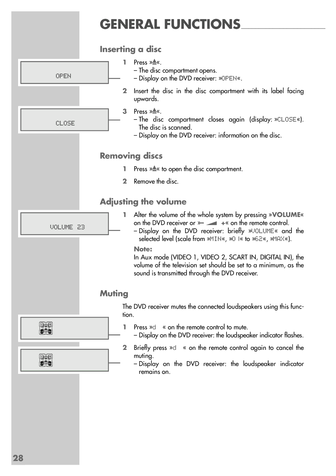Grundig DR 5400 DD manual Inserting a disc, Removing discs, Adjusting the volume, Muting 