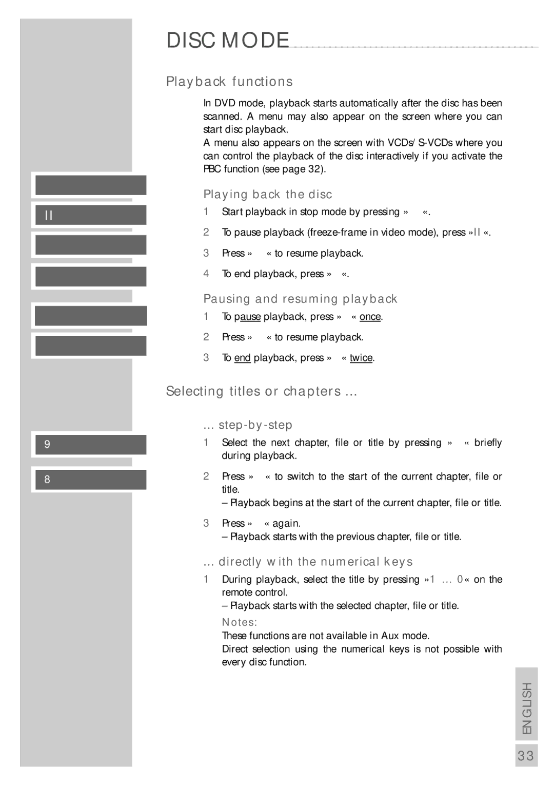 Grundig DR 5400 DD manual Playback functions, Selecting titles or chapters, Pausing and resuming playback, Step-by-step 