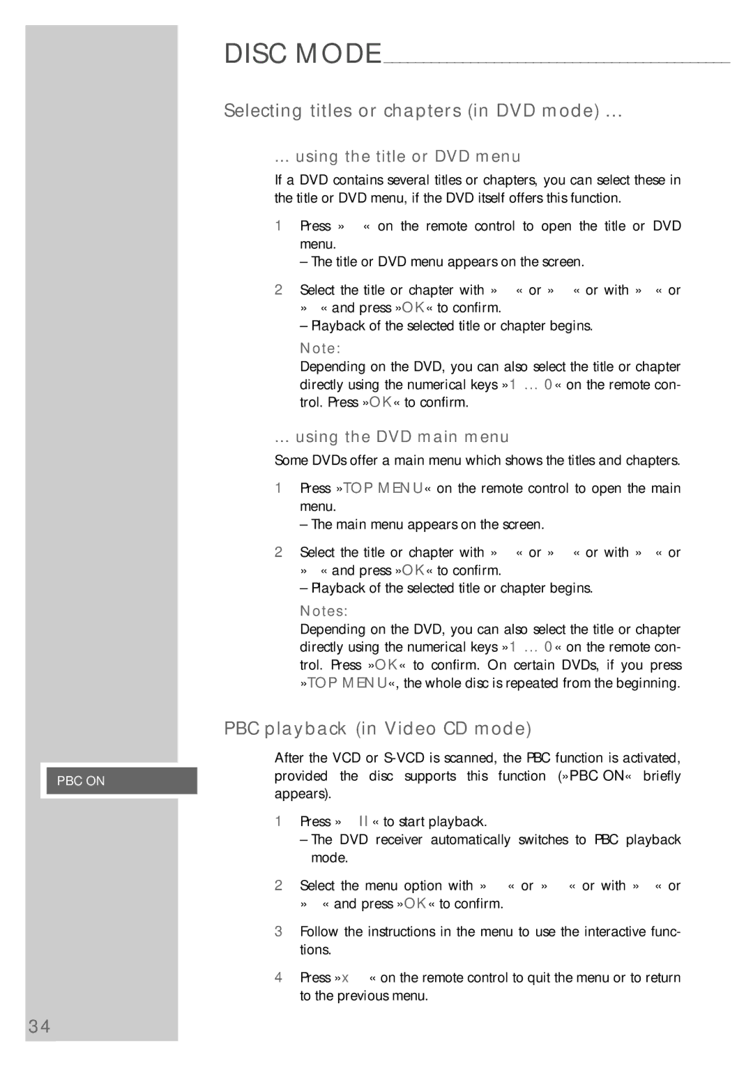 Grundig DR 5400 DD Selecting titles or chapters in DVD mode, PBC playback in Video CD mode, Using the title or DVD menu 