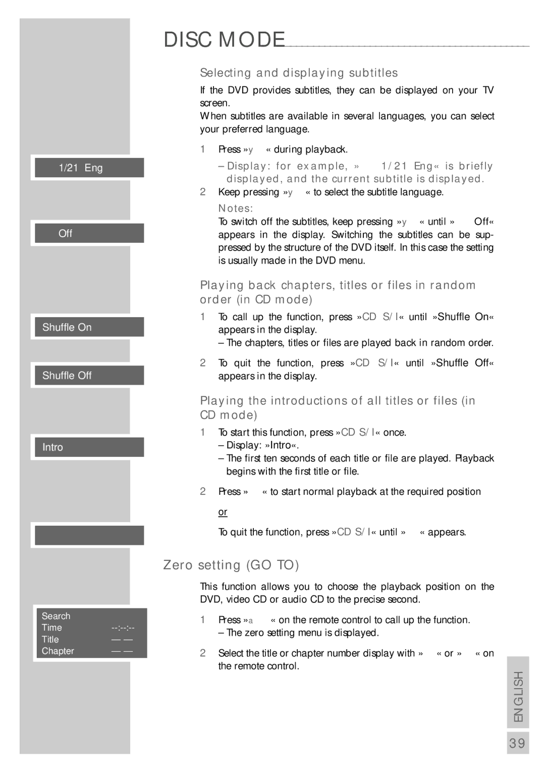 Grundig DR 5400 DD manual Zero setting GO to, Selecting and displaying subtitles 