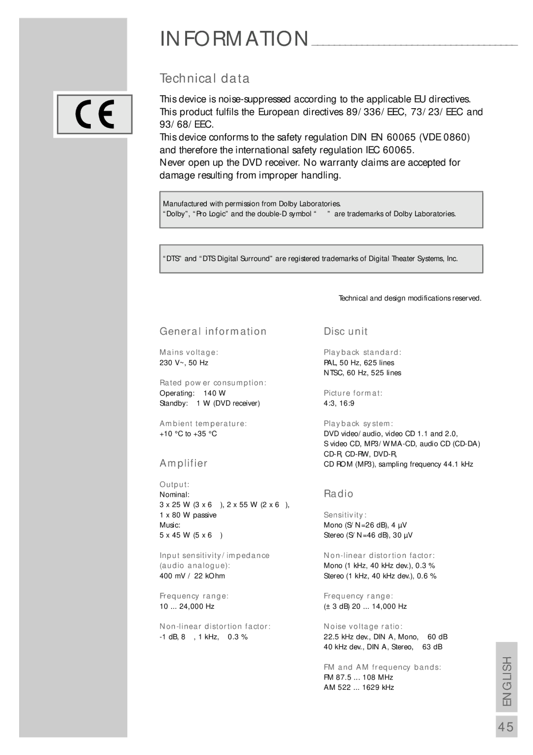 Grundig DR 5400 DD manual Technical data, General information, Amplifier, Disc unit, Radio 