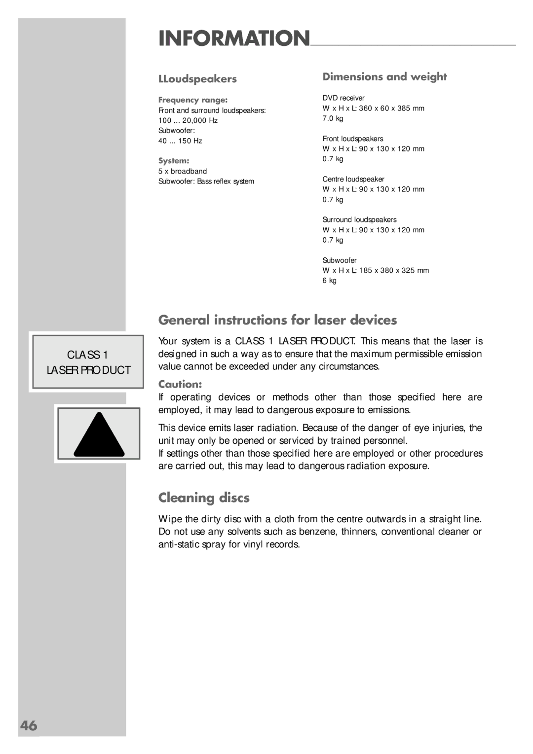 Grundig DR 5400 DD manual General instructions for laser devices, Cleaning discs, LLoudspeakers Dimensions and weight 