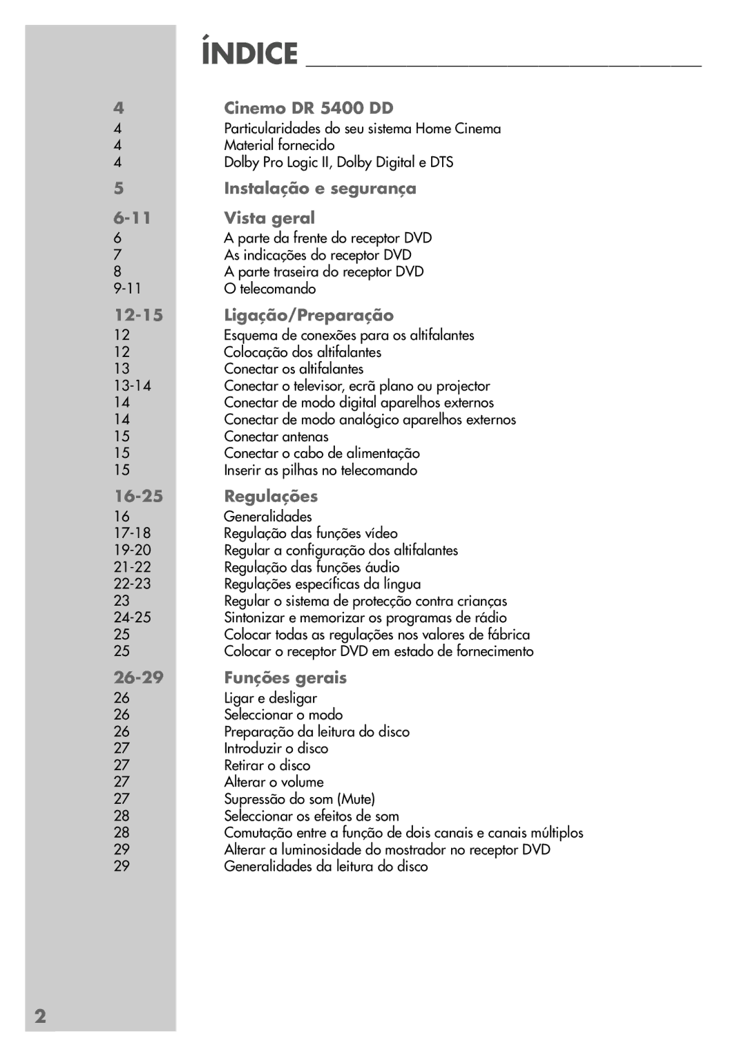 Grundig Cinemo DR 5400 DD, Instalação e segurança Vista geral, Ligação/Preparação, Regulações, 26-29 Funções gerais 