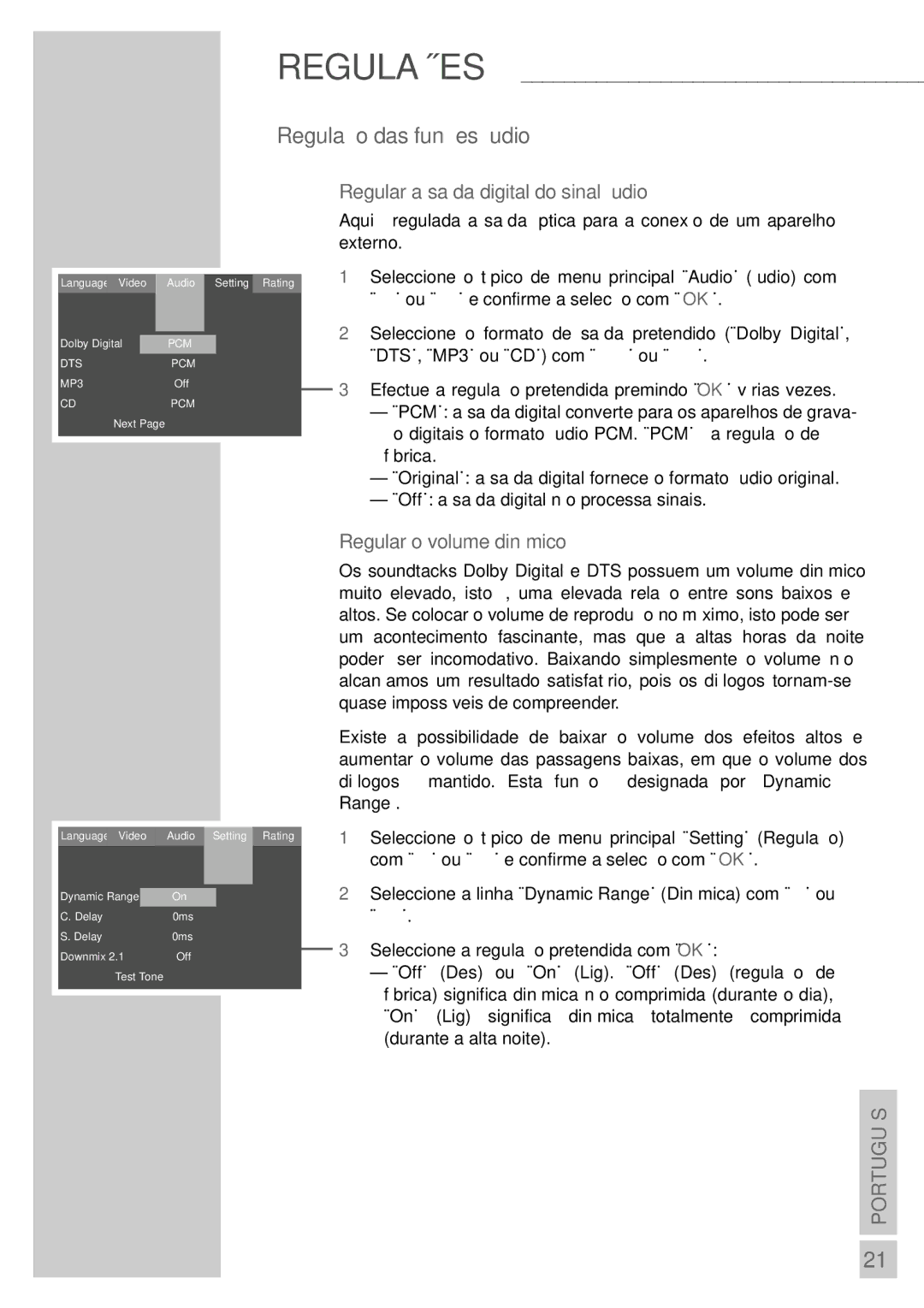 Grundig DR 5400 DD manual Regulação das funções áudio, Regular a saída digital do sinal áudio, Regular o volume dinâmico 