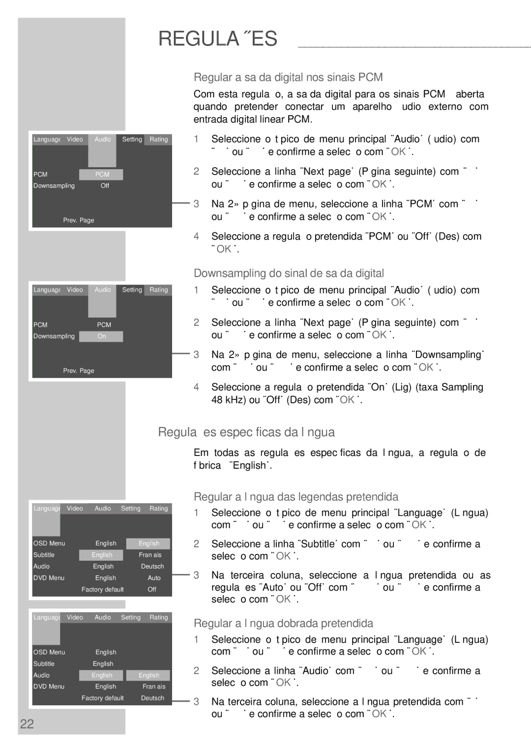 Grundig DR 5400 DD manual Regulações específicas da língua, Regular a saída digital nos sinais PCM 