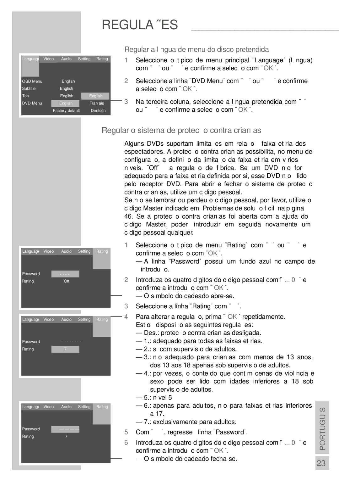 Grundig DR 5400 DD manual Regular o sistema de protecção contra crianças, Regular a língua de menu do disco pretendida 