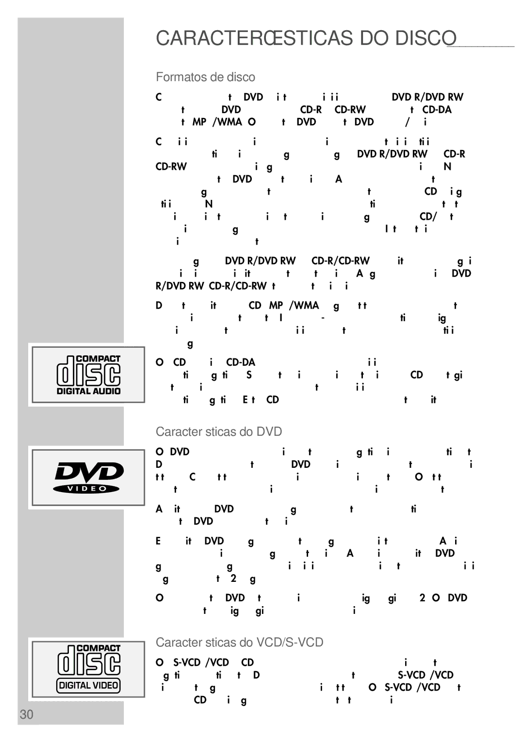 Grundig DR 5400 DD manual Formatos de disco, Características do DVD, Características do VCD/S-VCD 