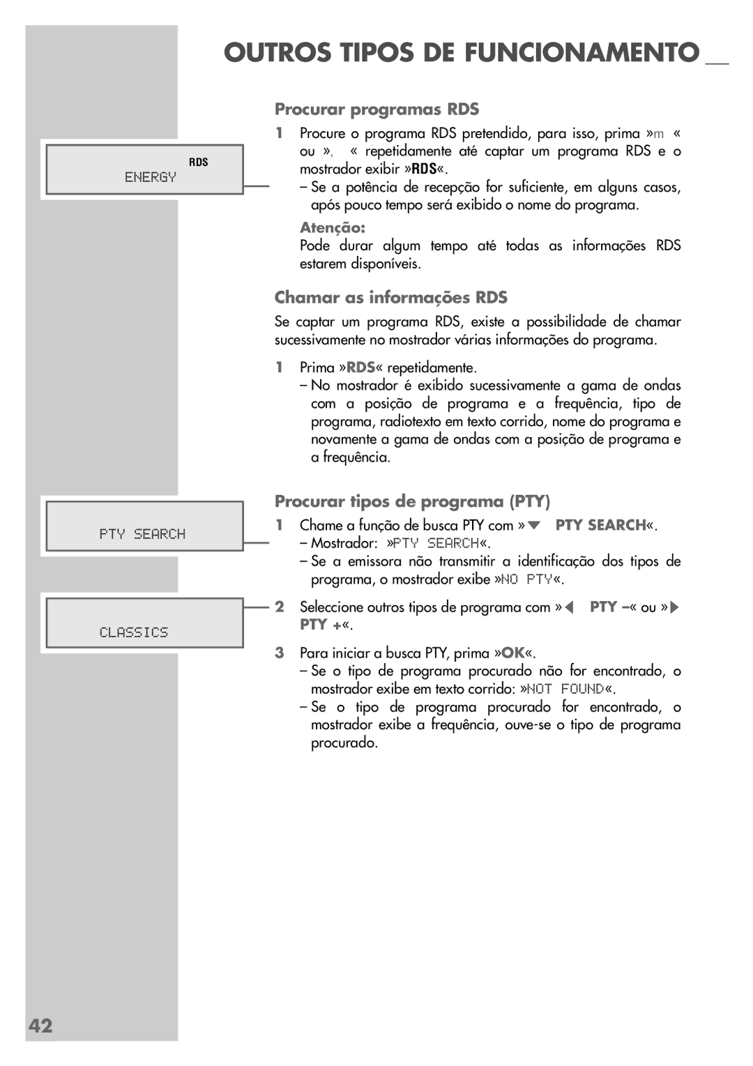 Grundig DR 5400 DD manual Procurar programas RDS, Chamar as informações RDS, Procurar tipos de programa PTY 