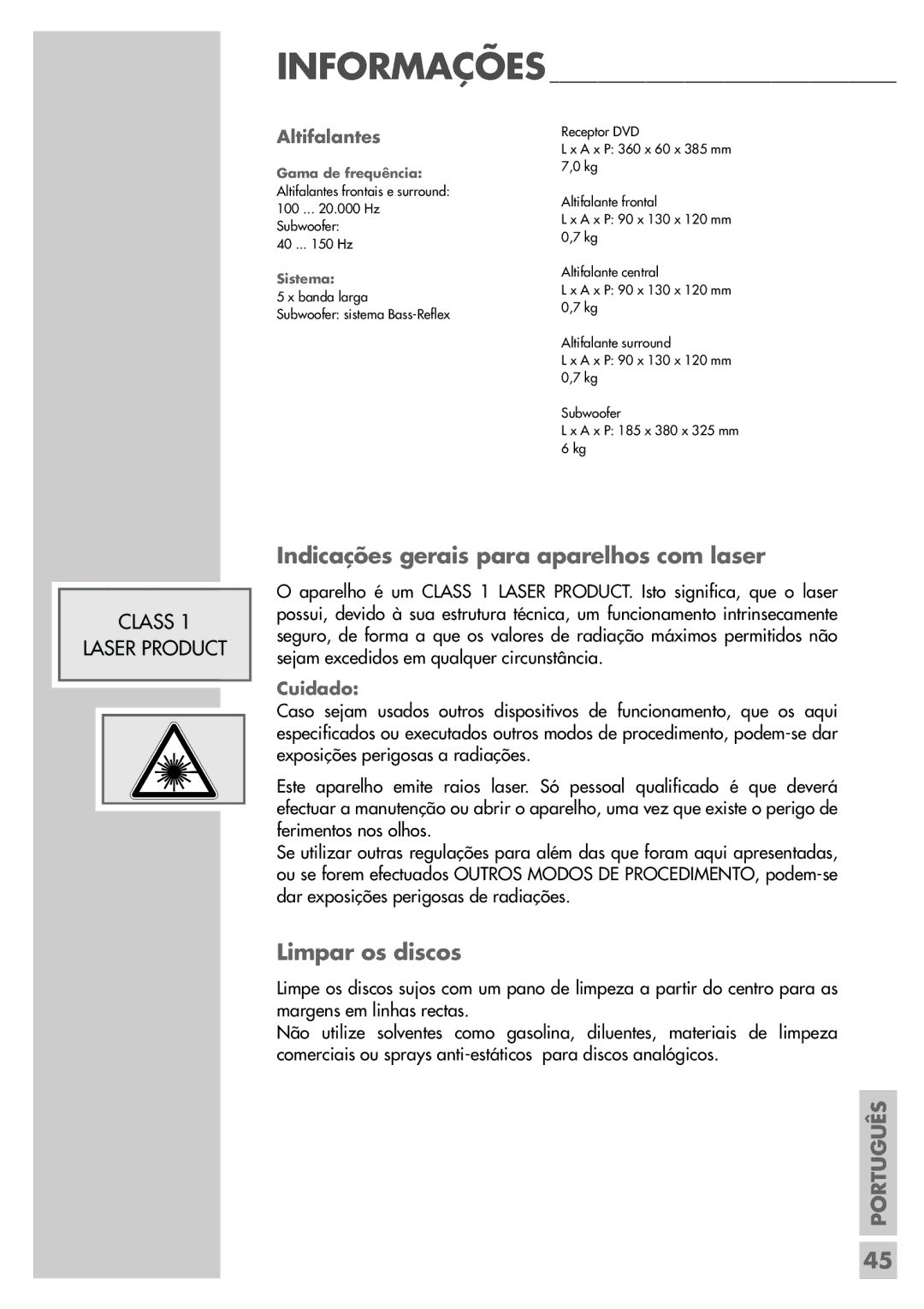 Grundig DR 5400 DD manual Indicações gerais para aparelhos com laser, Limpar os discos 