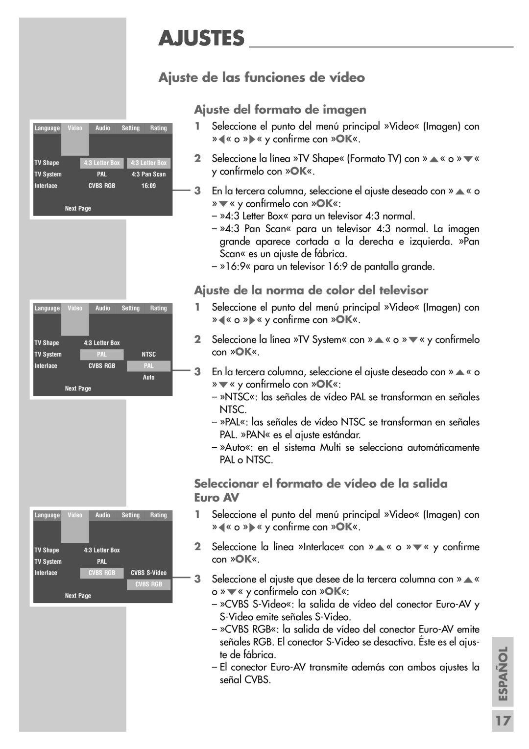 Grundig DR 5400 DD manual Ajuste de las funciones de vídeo, Ajuste del formato de imagen, Español 