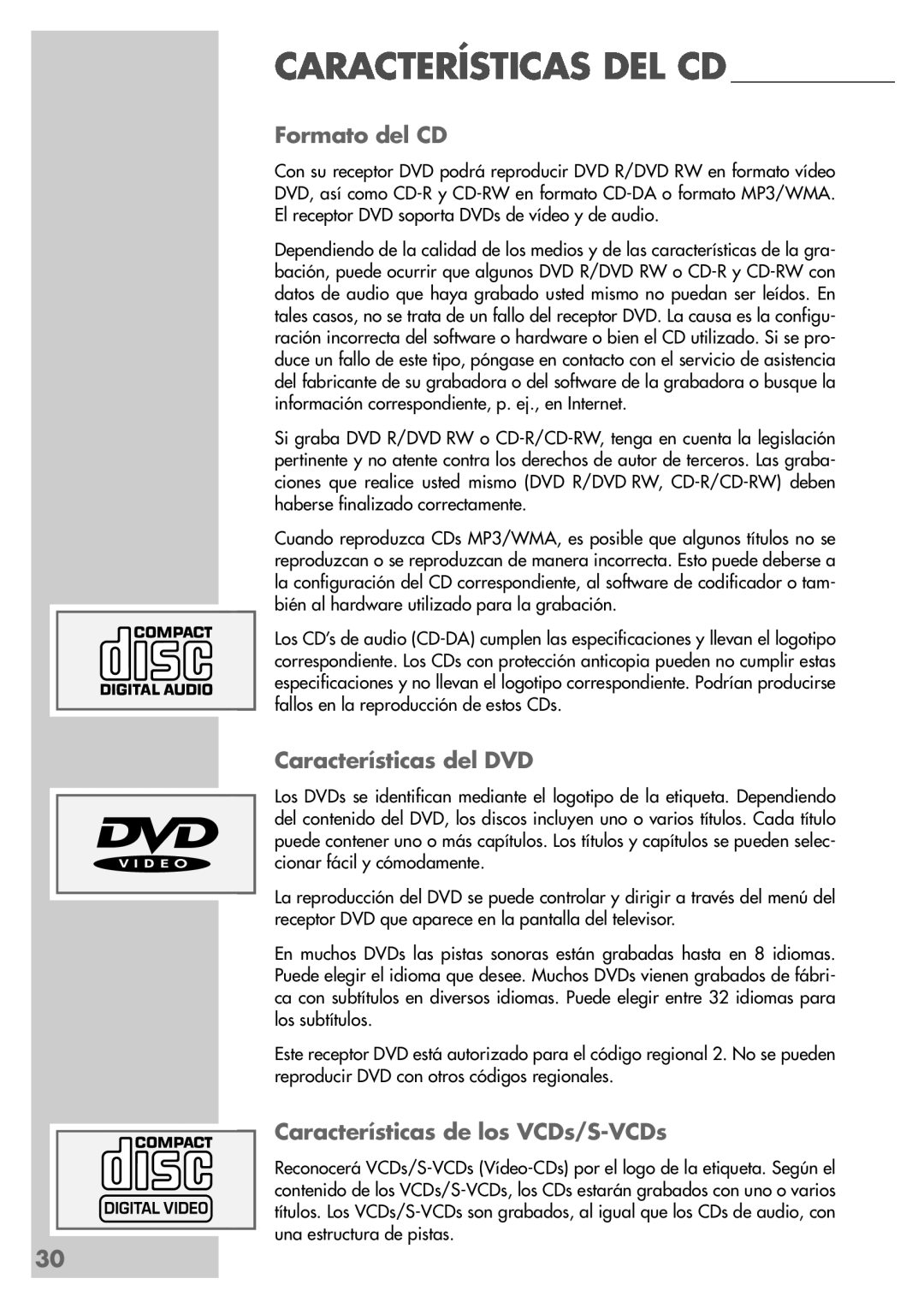 Grundig DR 5400 DD manual Características Del Cd_________________, Formato del CD, Características del DVD 
