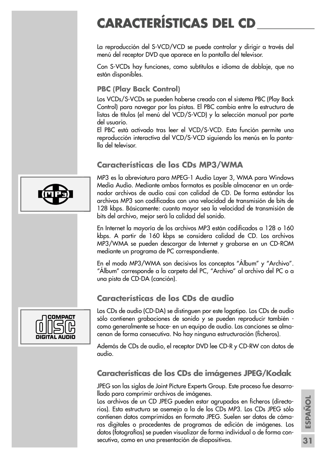 Grundig DR 5400 DD Características de los CDs MP3/WMA, Características de los CDs de audio, PBC Play Back Control, Español 